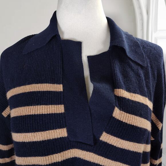 Rails Harris Merino Blend Sweater Size M Camel Navy Stripe Collared Neckline - Picture 7 of 12